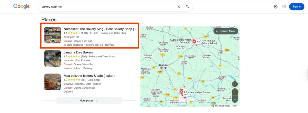 A Google search for a bakery near me shows results from a digital marketing company near me in Varanasi.