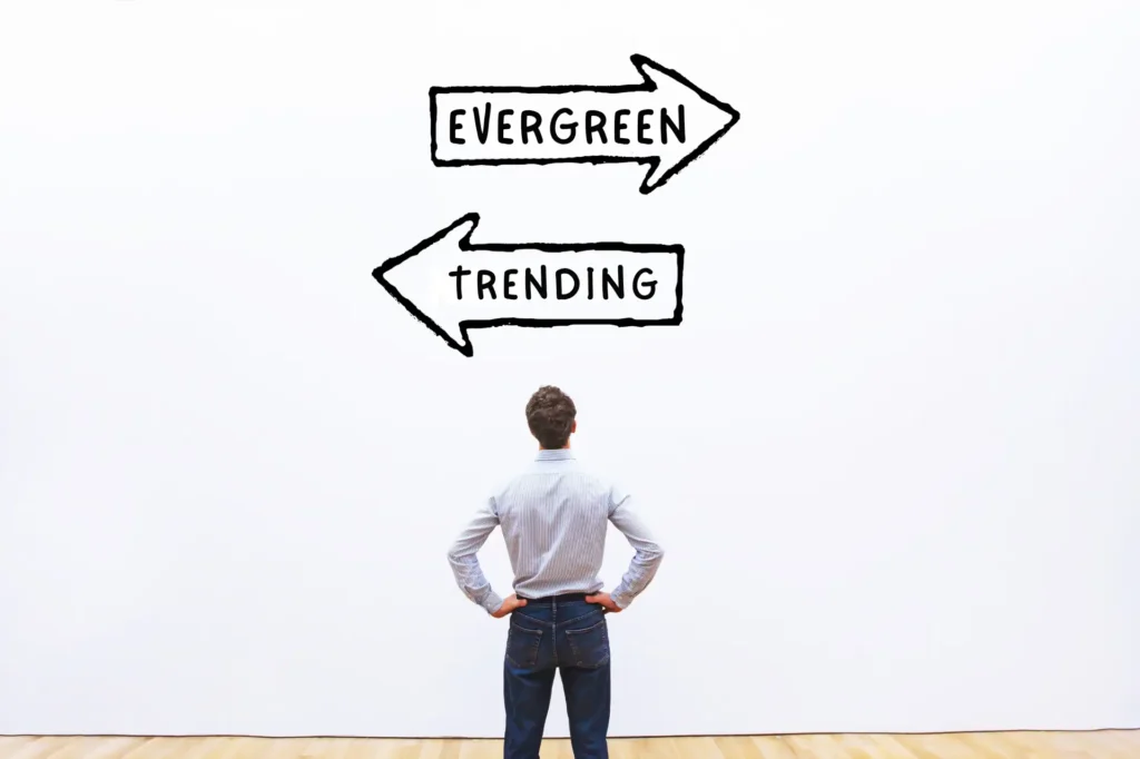 Balancing evergreen and trending topics in content strategy across different content types.