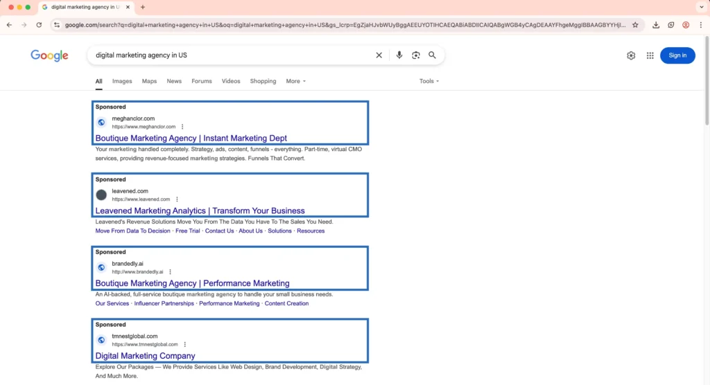 Google Search Ads in POEM model framework in digital marketing for ‘digital marketing agency in US’ keyword.
