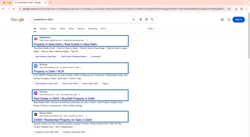 SEO in POEM model in digital marketing for properties in Delhi keyword.